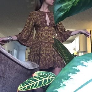 Ecote bell sleeve chartreuse and purple mini dress